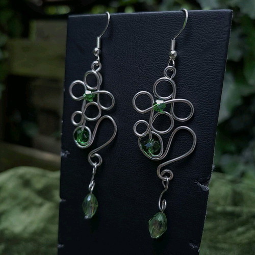 Wire-Worked Botanical Earrings new, silver and green