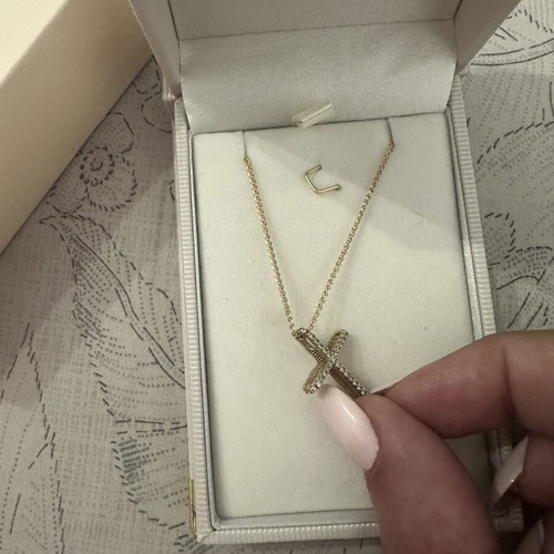 14k gold cross pendant with 9k long chain, reversible design