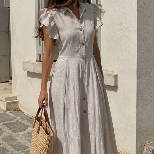 Desiree long linen dress like new, beige, maxi length with buttons