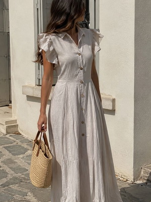 Desiree μακρύ λινό φόρεμα σαν καινούργιο, μπεζ, μάξι με κουμπιά