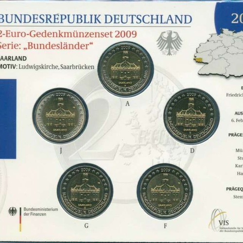 SAC Γερμανία 2 Ευρώ 2009 A-D-F-G-J καινούργιο, Saarland σε blister
