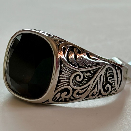 Vintage Signet Ring Black Zircon US 12 316L Stainless Steel New