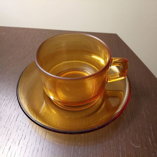 Vintage honey-colored cup with saucer from the 70s used, rare