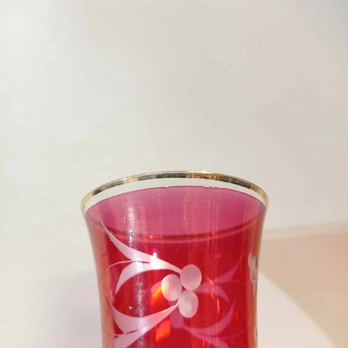 Old glasses set of six red with carved designs and gold finishes
