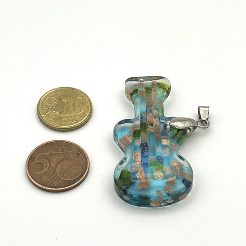 Handmade Murano fused glass guitar pendant, turquoise green gold