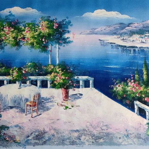 Oil painting on canvas used, veranda with view 95x65 cm