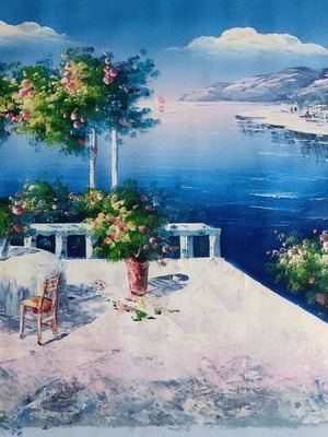 Oil painting on canvas used, veranda with view 95x65 cm