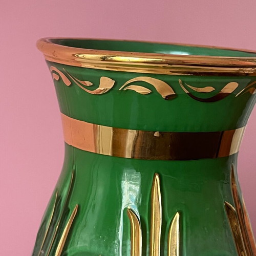 Vintage βάζο 22cm μεταχειρισμένο, σμαραγδί με ανάγλυφο χρυσό