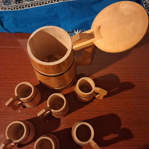 Vintage Soviet wooden beer set with jug and 5 mugs Latvian SSR 1970s