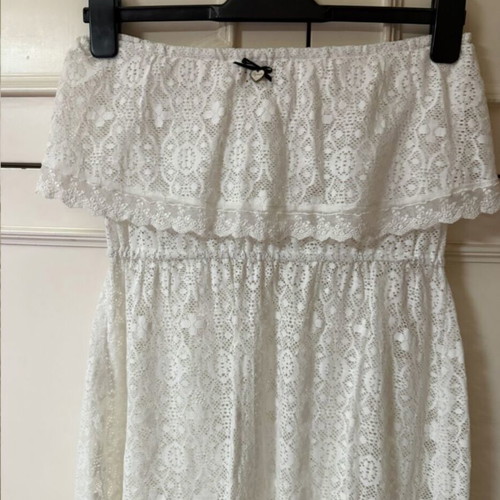 Lynne white long strapless lace dress