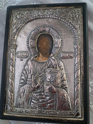 Byzantine icon made of silver 950 used with wooden back