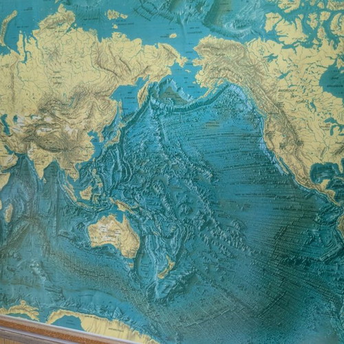 Large physical geomorphological map of world and Mediterranean like new