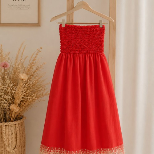 Bianco strapless dress with lace hem, like new, orange