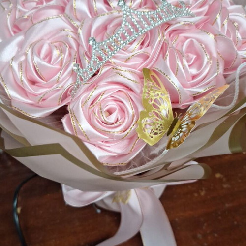 Handmade satin rose bouquet with tiara and golden butterflies