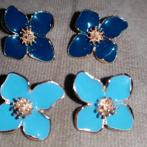 Stainless Steel Flower Stud Earrings with Enamel new, 2 pairs petrol and blue