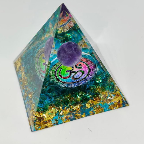 Orgonite pyramid with amethyst and Om symbol like new