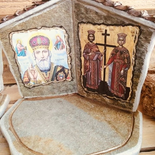 Handmade Corner Icon Stand from Natural Karystos Stone and Sandstone