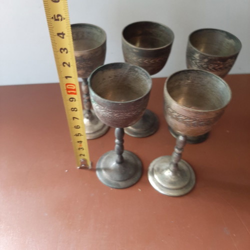 Old engraved liqueur glasses, set of 5, patina
