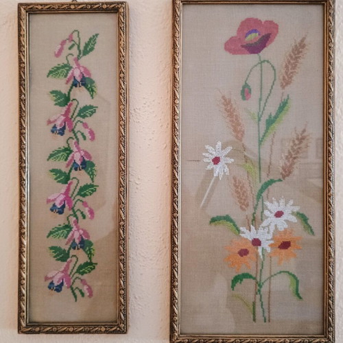 Embroidered handmade paintings with brass frame and glass, like new, 1970s