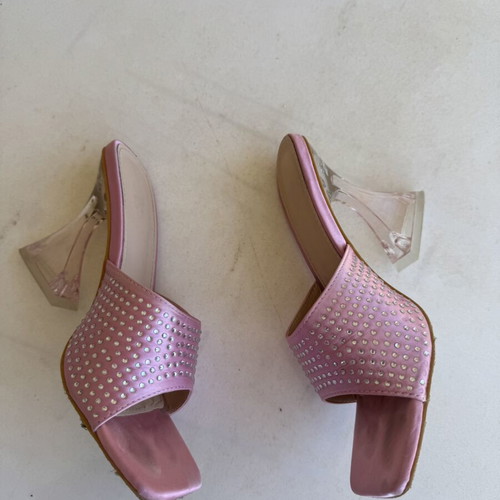 Pink satin mules with strass used, clear plexiglass heel, size 40