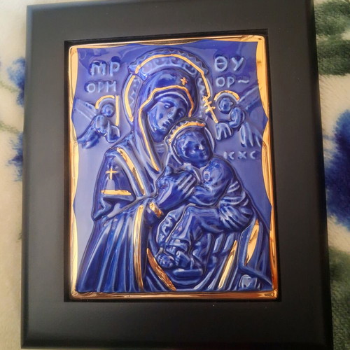 Collectible icon Virgin Mary with Child blue porcelain with gold details new