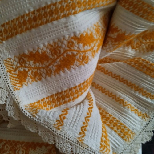 Woven blanket new with handmade knitted lace and fringes