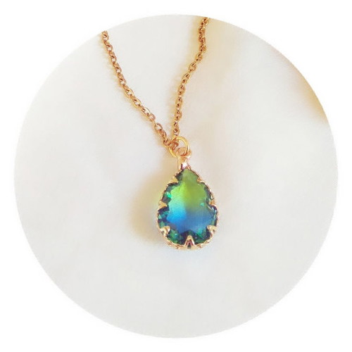 Handmade necklace with stainless steel chain and blue-green crystal drop