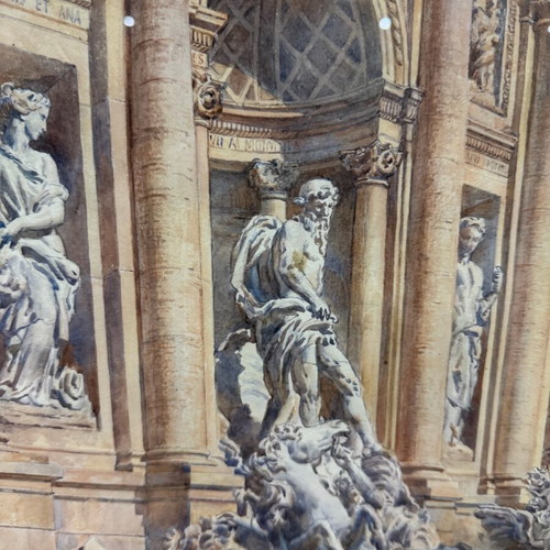 Υδατογραφία Ettore Ascenzi μεταχειρισμένη με θέμα Fontana Di Trevi σε ιταλική κορνίζα