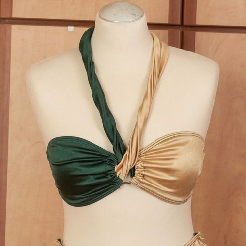 Emerald Green & Gold Metallic Bikini Set (M) – Halter Neck