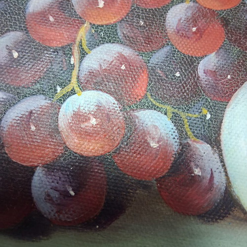 Oil painting still life with grapes and peaches