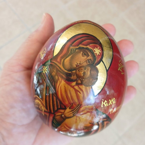Hand-painted wooden egg with Virgin Mary and Christ, vintage from Russia