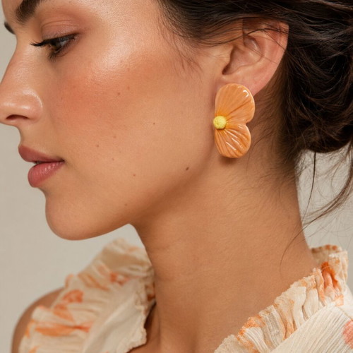 Handmade earrings with clay and resin, peach color, stainless steel posts
