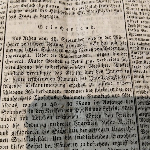 Vienna newspaper 1835 used with article on Otto's Greece