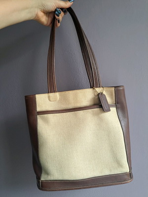Coach leather shoulder bag with fabric, like new, beige and brown
