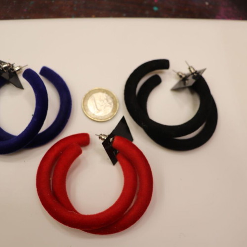 Velvet Hoop Earrings set of 3 vintage 80s new, blue and red