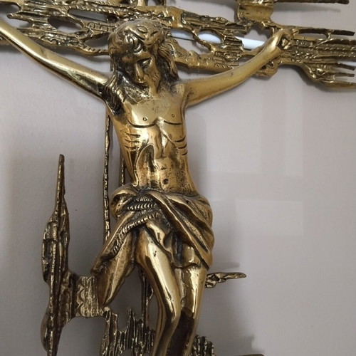 Vintage Brutalist Mid-Century Modern Bronze Crucifix wall art like new