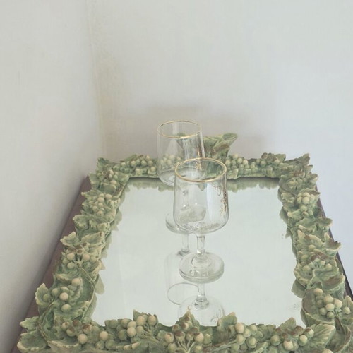 Handmade serving tray with mirror and embossed grapevine frame, like new