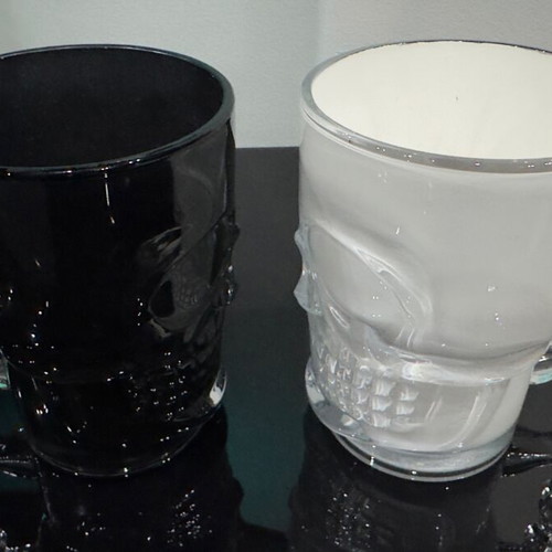 Set of 2 glass skull mugs used, handmade painted