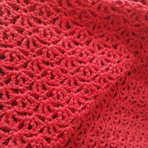 Red merino and silk crochet shawl with sequins