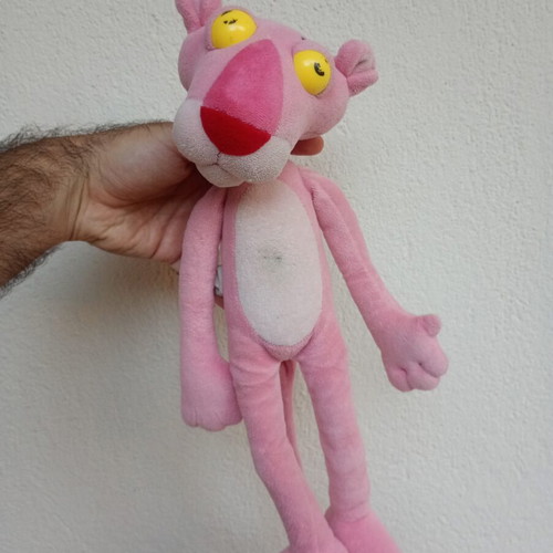 Pink Panther plush used with discoloration and pen stain