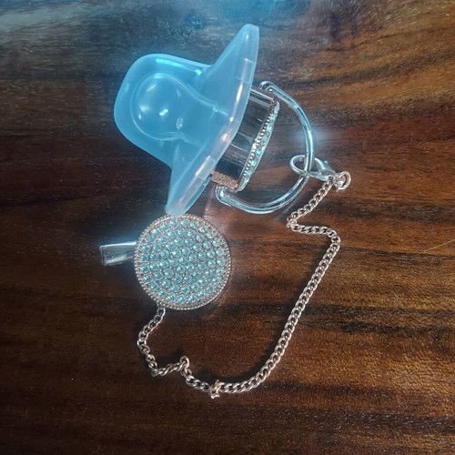 Pacifier with rhinestones and clip in pink gold new