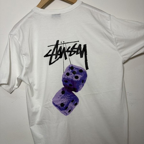 Stüssy T-shirt white with purple dice graphic, size L