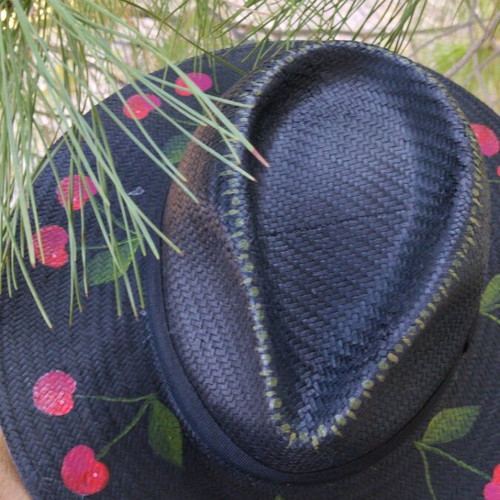 Elena Chalati straw fedora hat used, hand-painted cherries, size M