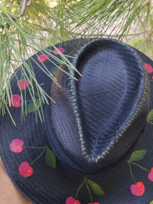 Elena Chalati straw fedora hat used, hand-painted cherries, size M