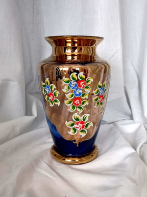 Glass vase used 20.5 cm blue with gold decoration and floral motifs