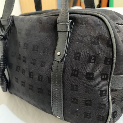 Bally Vintage Monogram Jacquard Bowling Bag used, black leather details