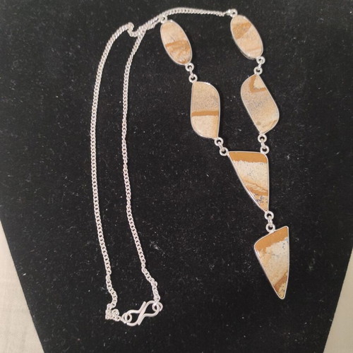 Silver-plated necklace with Jasper stone new, beige and brown