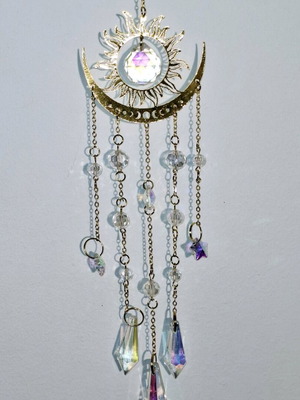 Gold sun moon pendant like new with crystals