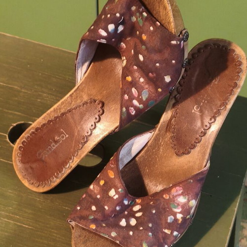 Spanish wooden clogs used, size 39, brown, 10cm heel, Sandisol