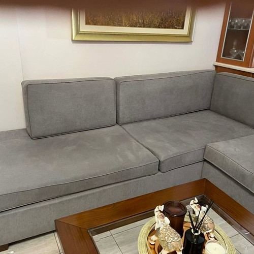Handmade corner sofa cherry wood 2.35x1.70 like new, gray fabric